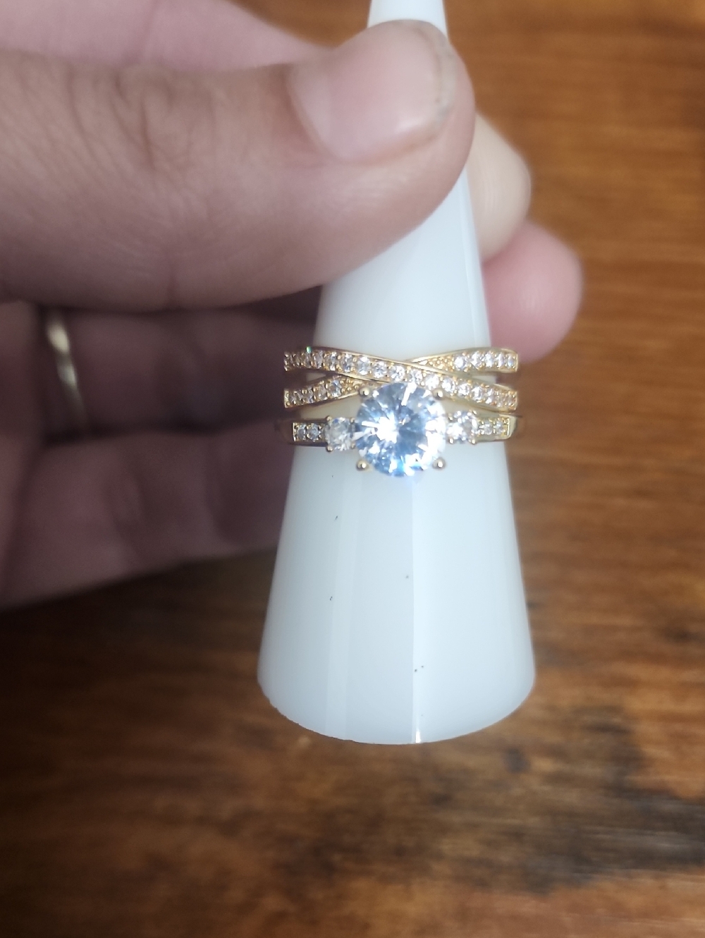 Fp 2pcs Cubic Zirconia Decor Ring Yellow Gold Size 7, Copper Alloy, Rhinestone,